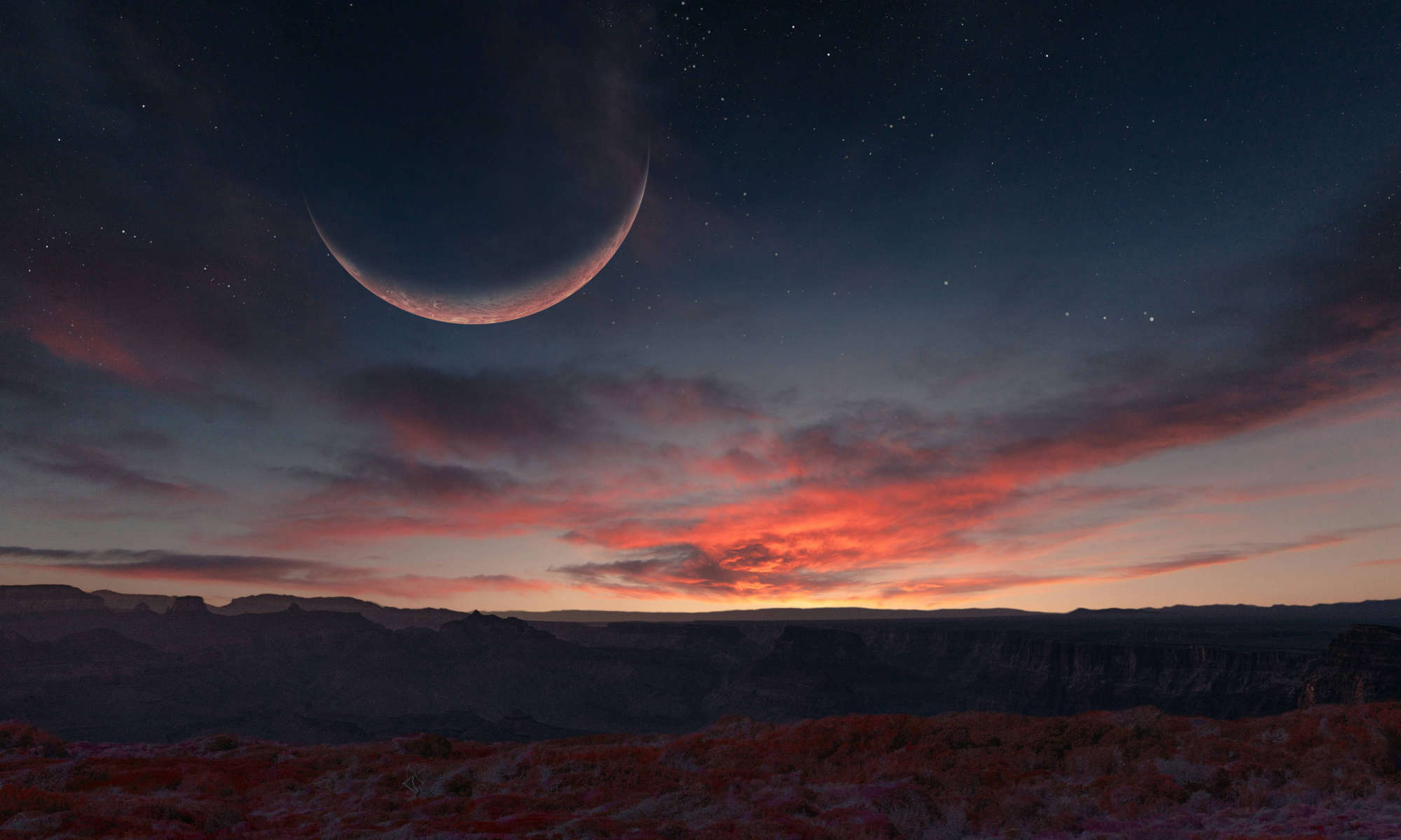 Feature image Photo illustration depicting a rocky Earth-like landscape with the orange-pink light of a setting sun reflecting off a large moon likely formed with the limited role of streaming instability.